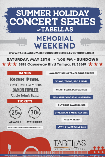50% Off Single-Day General Admission + Two Drink Tickets for the Memorial Weekend Summer Holiday Concert Series at Tabellas